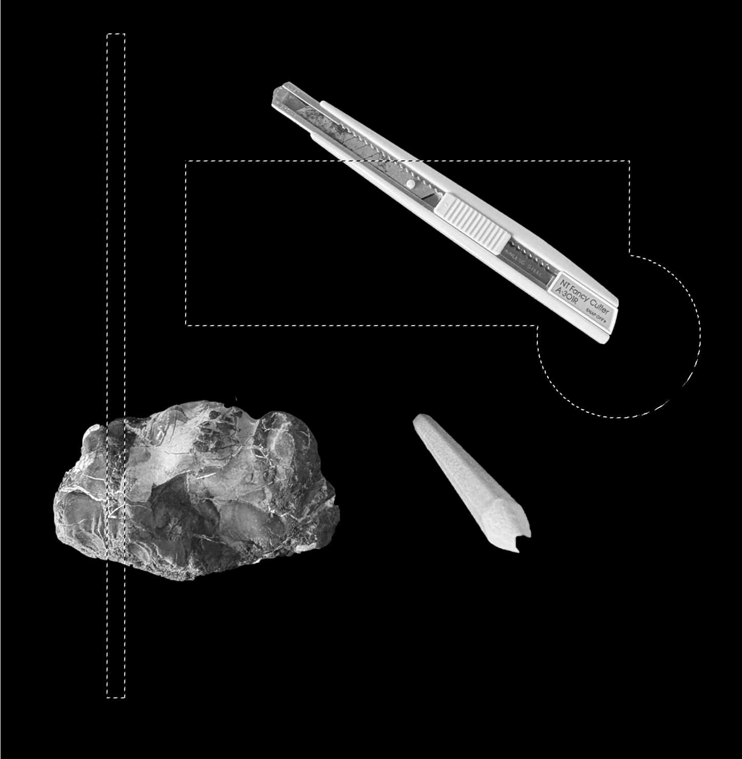 Collage mit Stein, Japanmesser, Bleistift